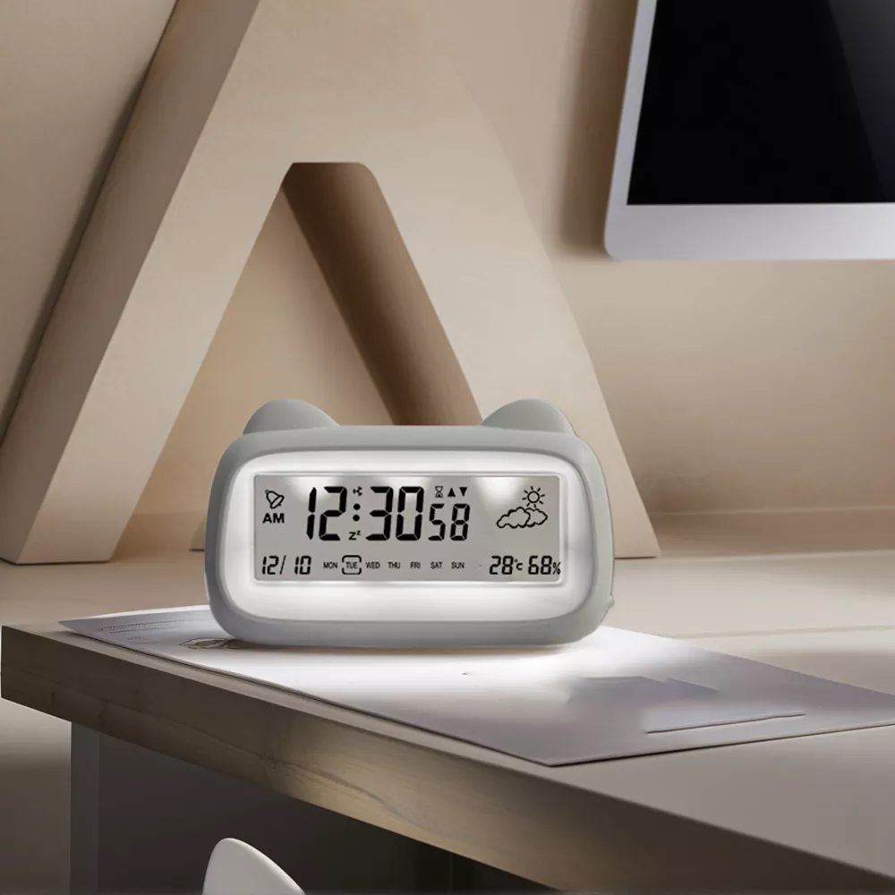 Cartoon Cat Ear LCD Digital Alarm Clock with Temperature Humidity Display