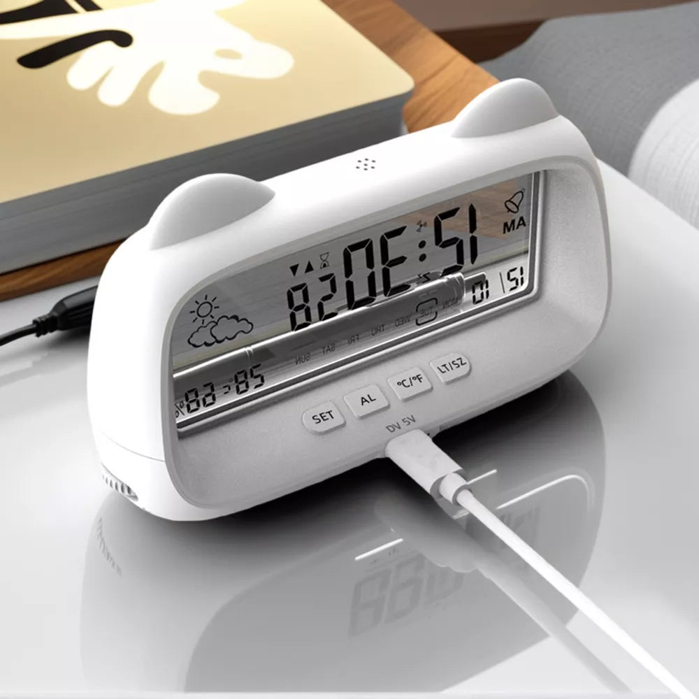 Cartoon Cat Ear LCD Digital Alarm Clock with Temperature Humidity Display